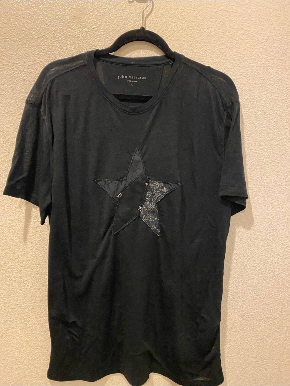 John varvatos black thin hair shirt star appliqué size large